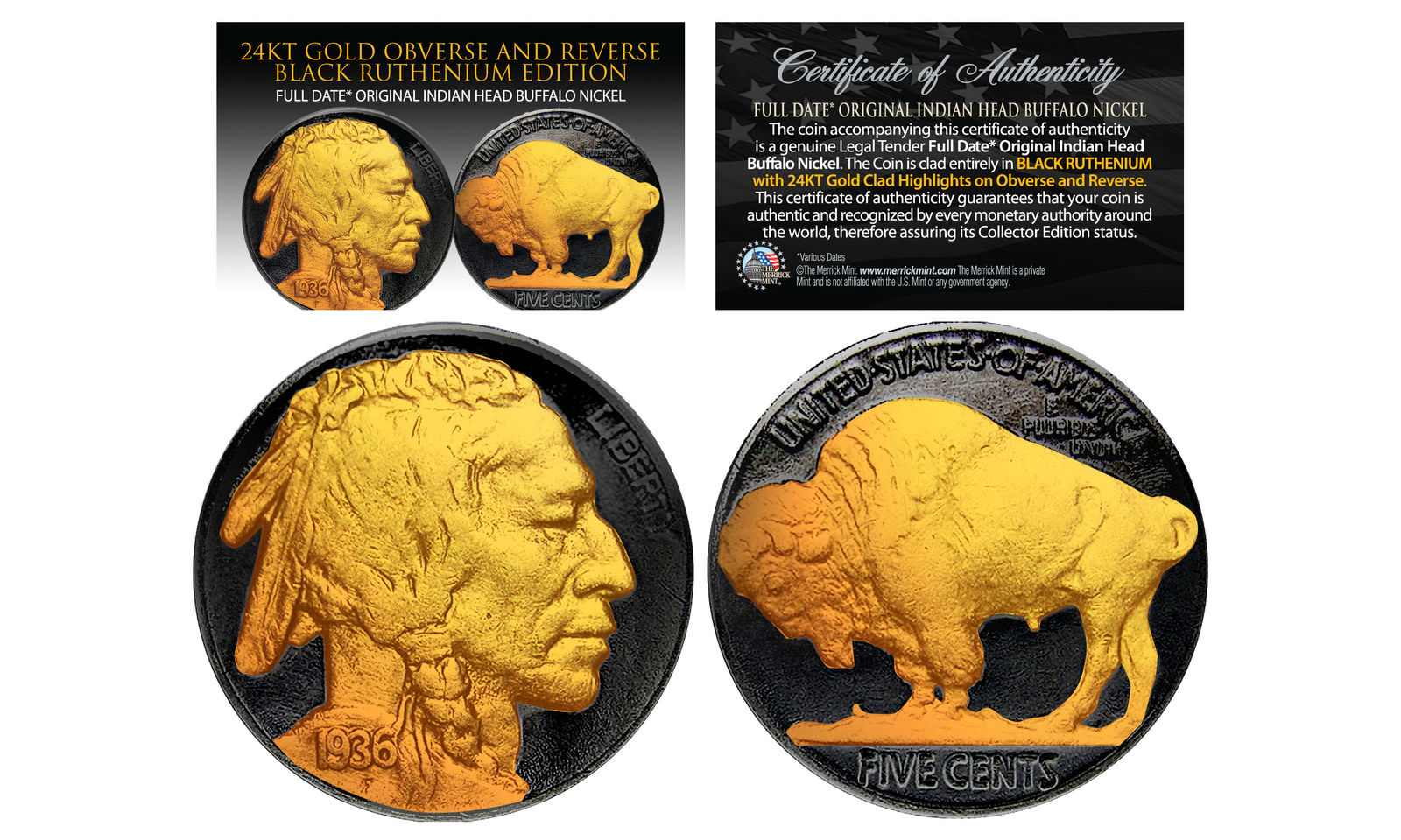 1930's Black Ruthenum  24K Gold Original Indian Head Buffalo Nickel Full Dates.jpg