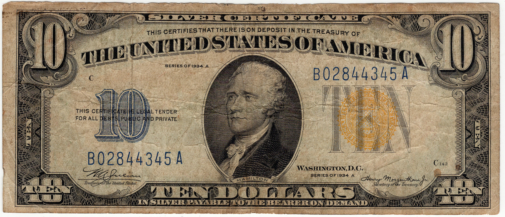 1934 A 10 Dollar North Africa Note B02844345A - Obverse.JPG