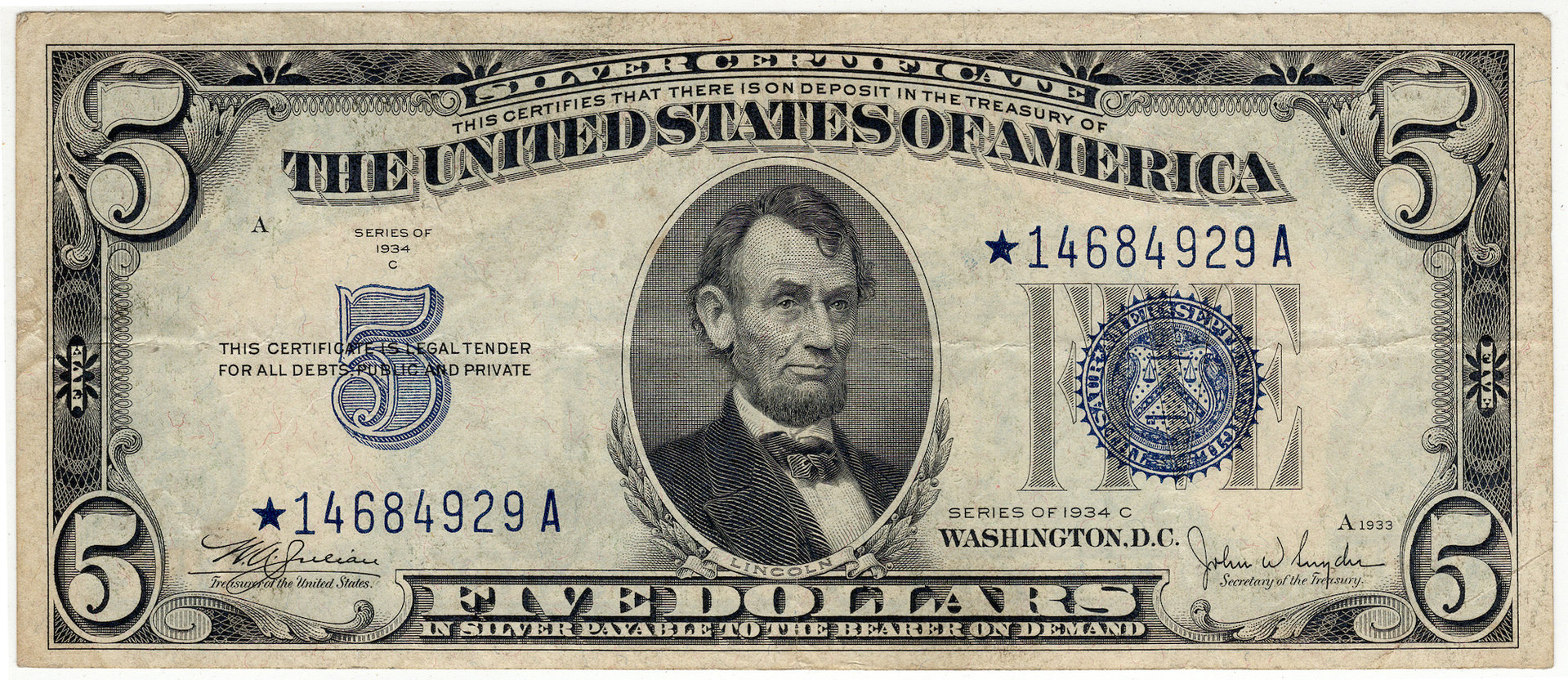 1934 C 5 Dollar Small Size Silver Certificate STAR14684929A - Obverse.JPG