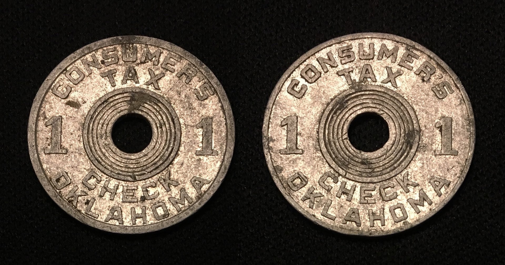 1936 CE Oklahoma Tax Token 1 Mill Consumer's Tax Check Combined.jpg