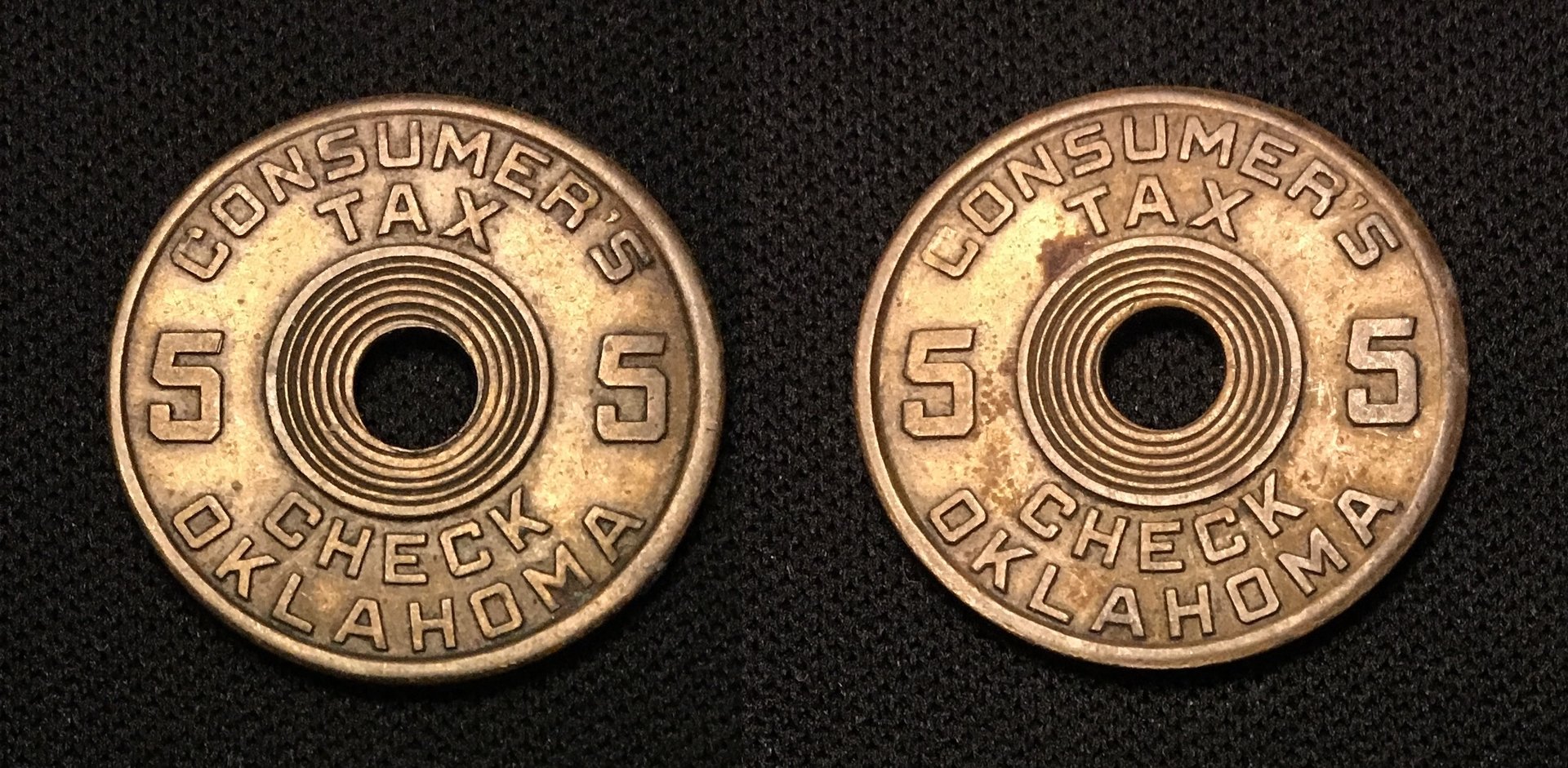 1936 CE Oklahoma Tax Token 5 Mills Consumer's Tax Check Combined.jpg