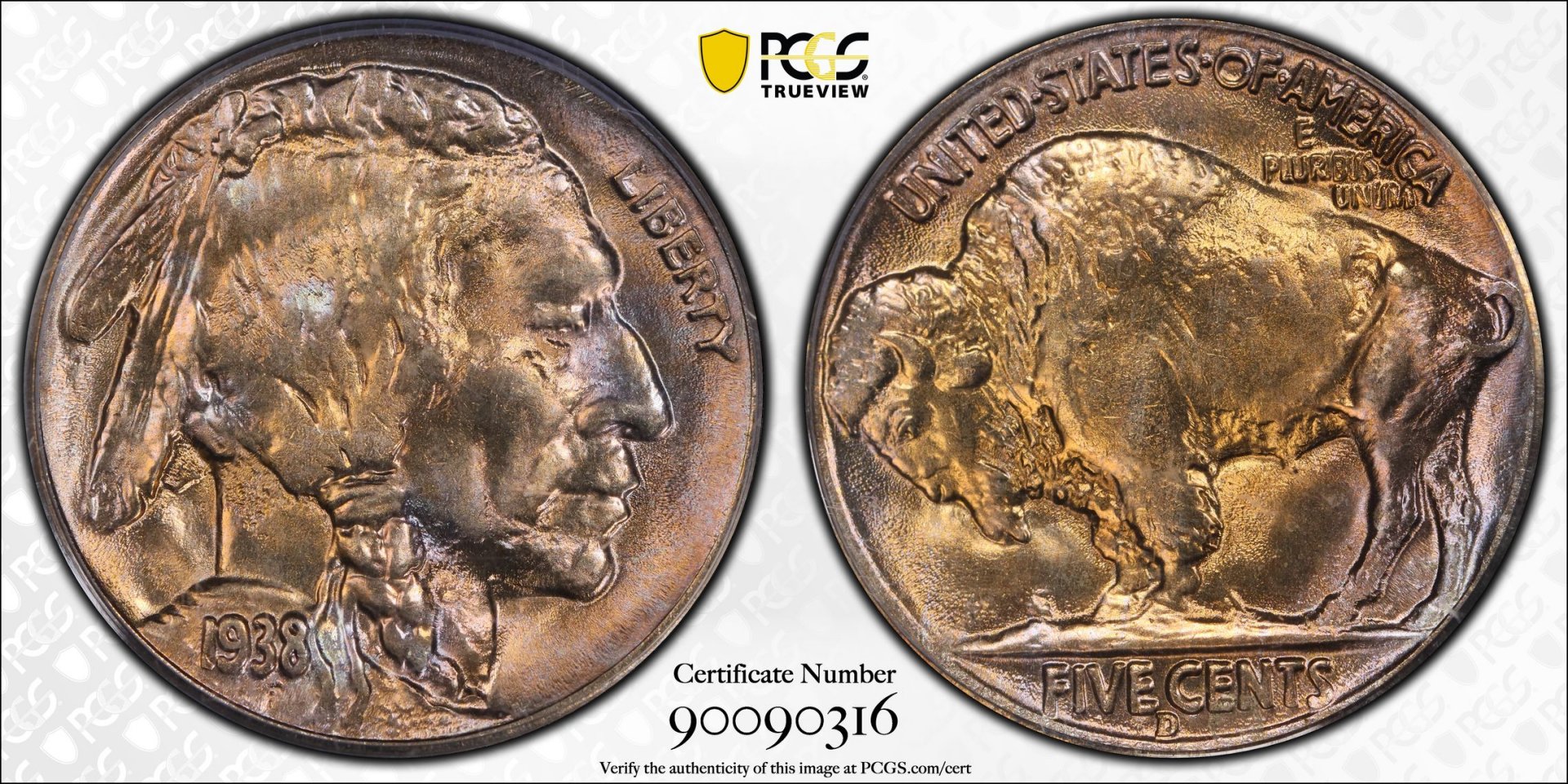 1938 D 5C Five-Cent Piece - Buffalo, Type 2 PCGS MS66 90090316 CAC TrueView Full.jpg