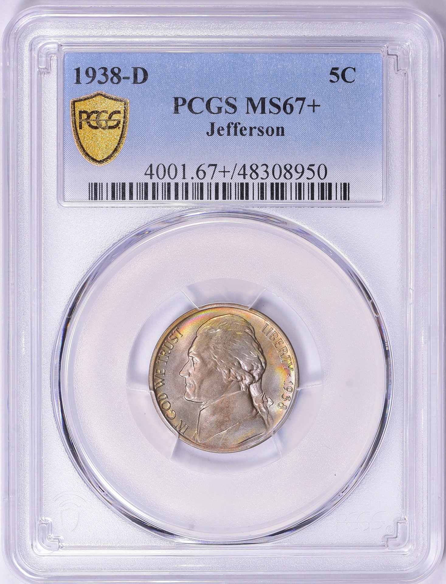 1938 D 5C FIVE-CENT PIECES - JEFFERSON PCGS MS67+ 48308950 GC Slab Obv.jpg