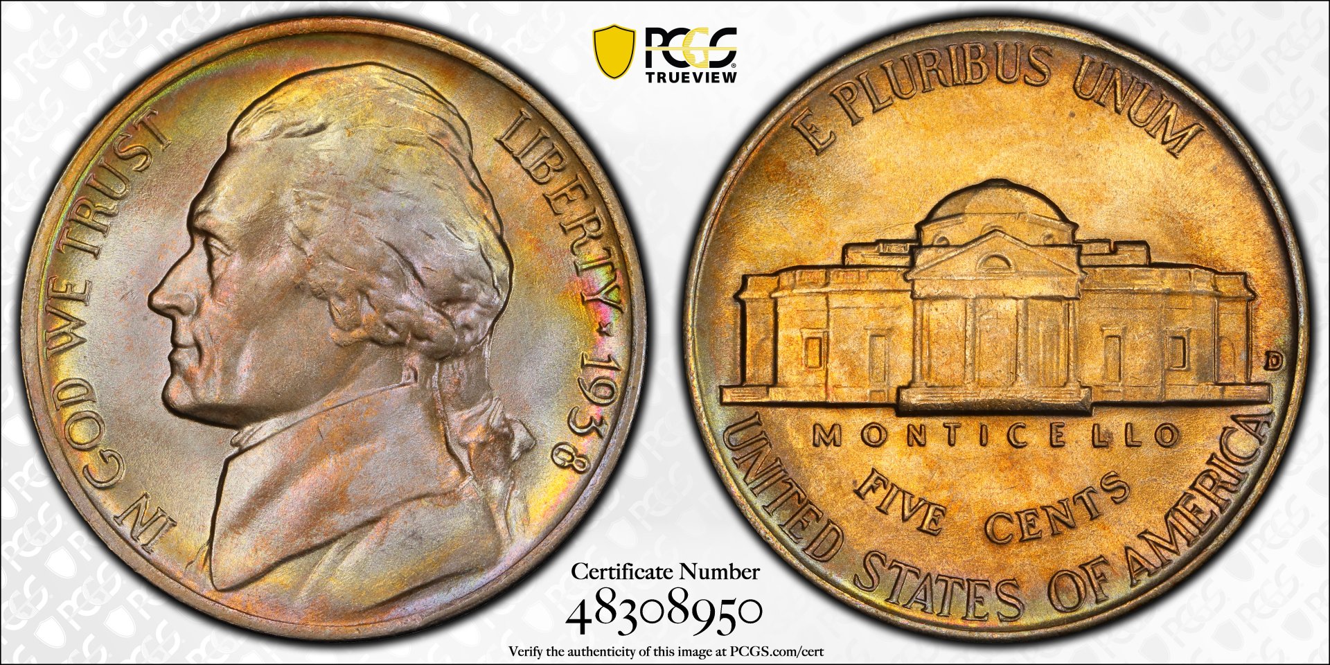 1938 D 5C FIVE-CENT PIECES - JEFFERSON PCGS MS67+ 48308950 TrueView.jpg