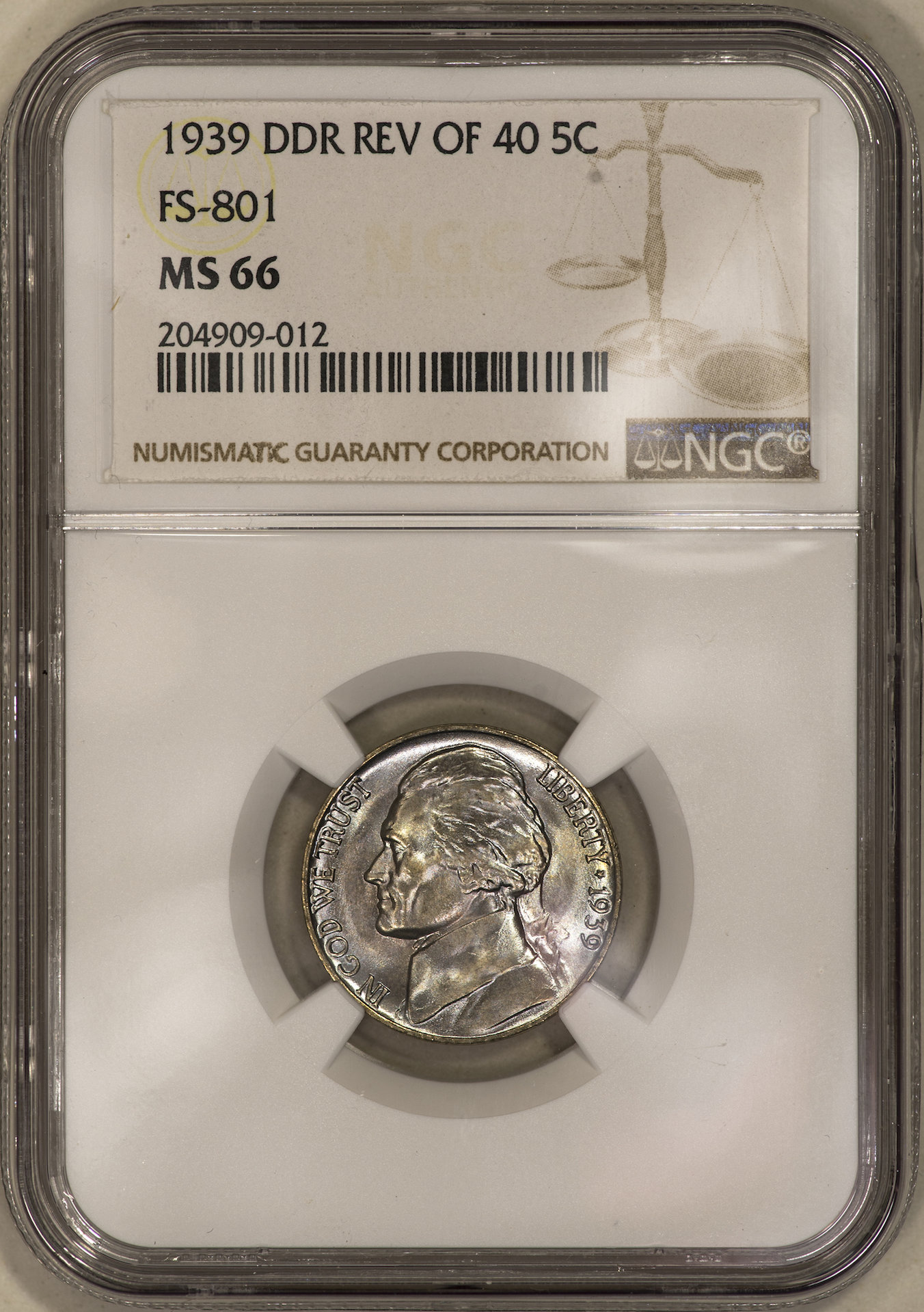 1939 Jefferson Nickel DDR NGC MS66 Slab - Obverse copy.jpg