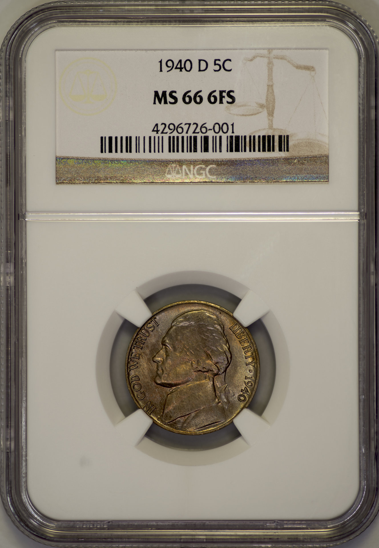 1940 D Jefferson Nickel NGC MS666FS Slab - Obverse.jpg