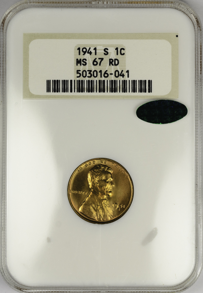 1941 CENTS - LINCOLN, WHEAT REVERSE NGC MS 67 RED, CAC green! 1C Obv Slab.jpg
