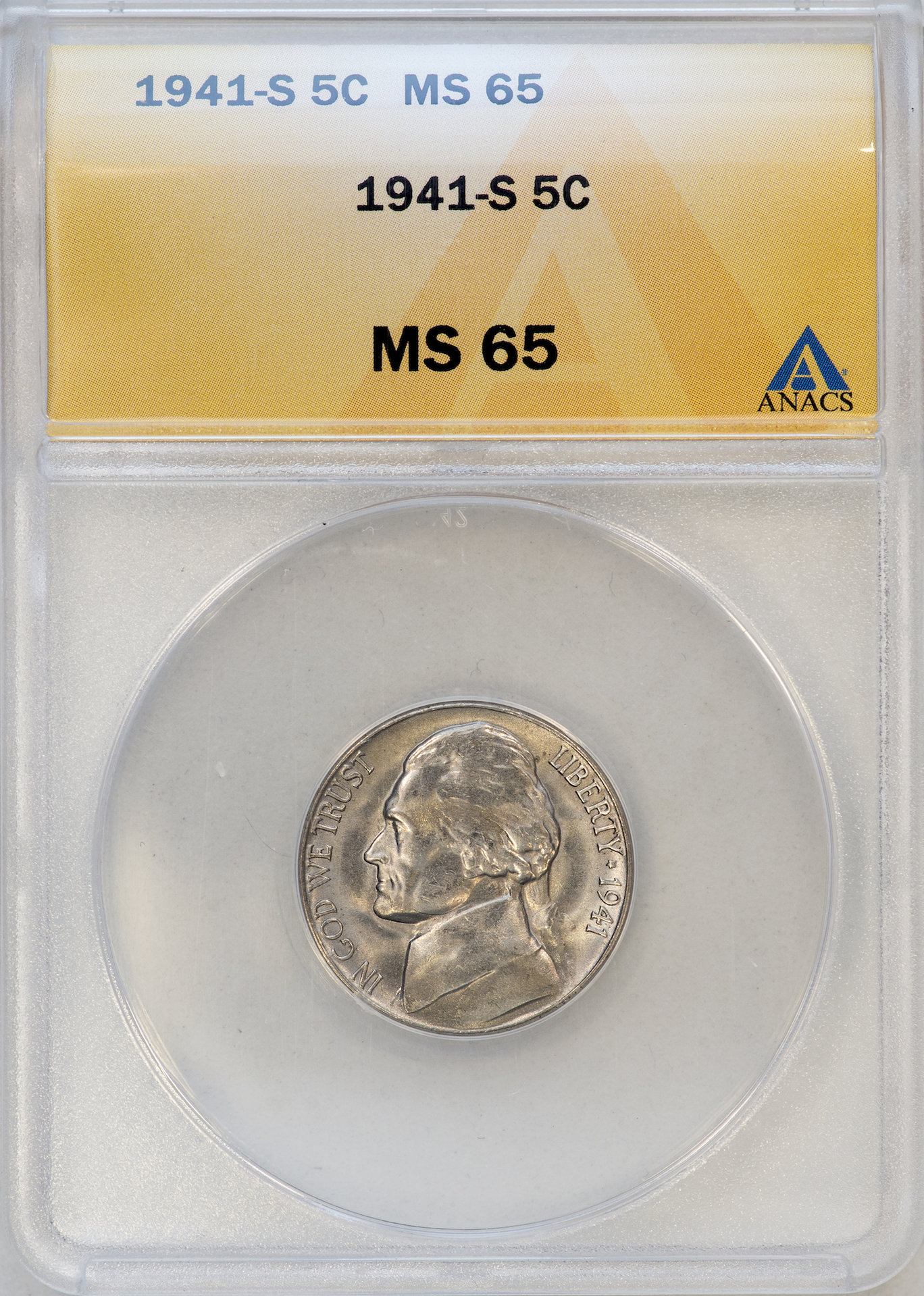 1941 S Jefferson Nickel Large S ANACS MS65 Slab - Obverse.jpg