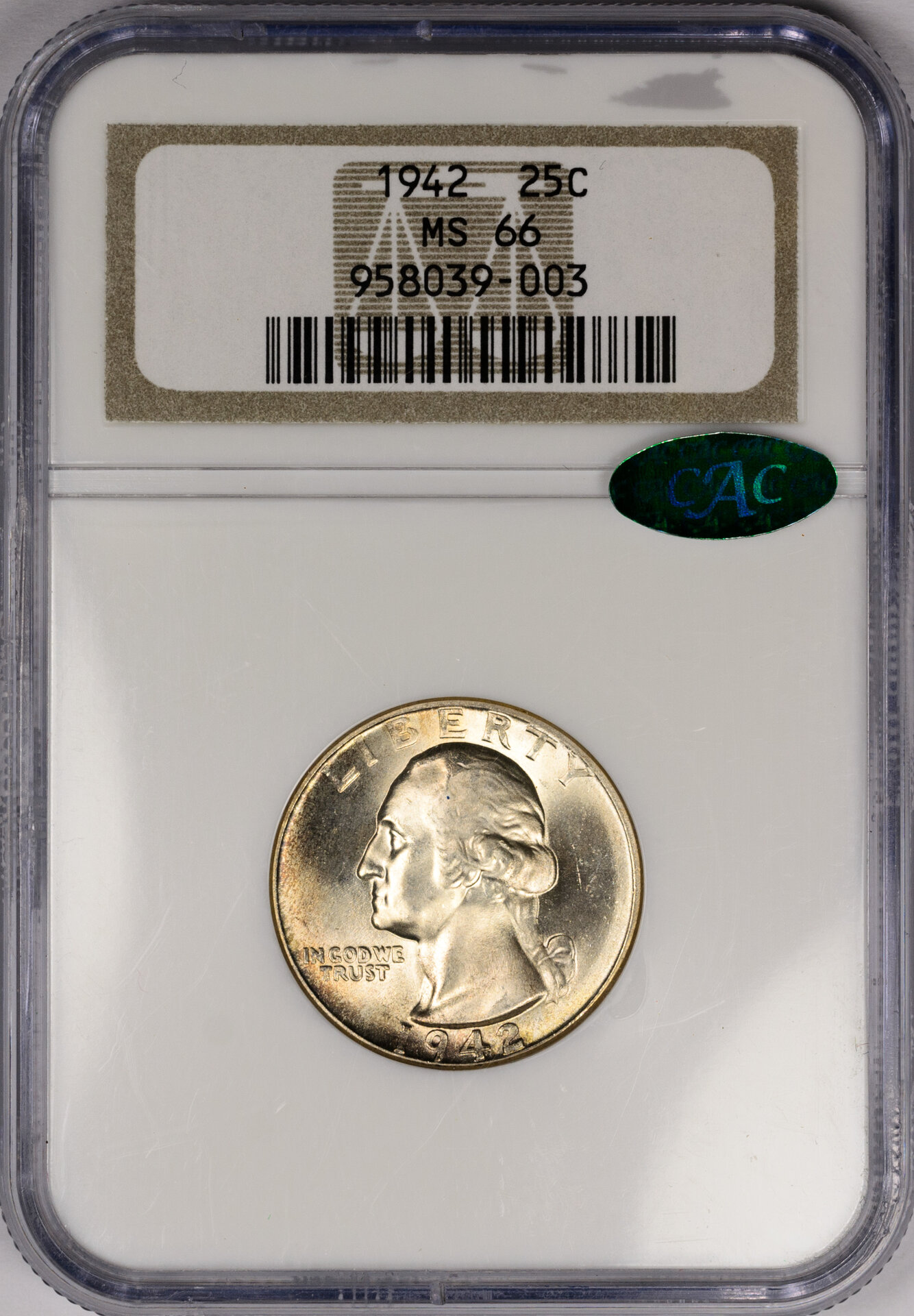 1942 25C QUARTER DOLLAR - WASHINGTON, SILVER NGC MS66 958039-003 CAC Obv Slab.jpg