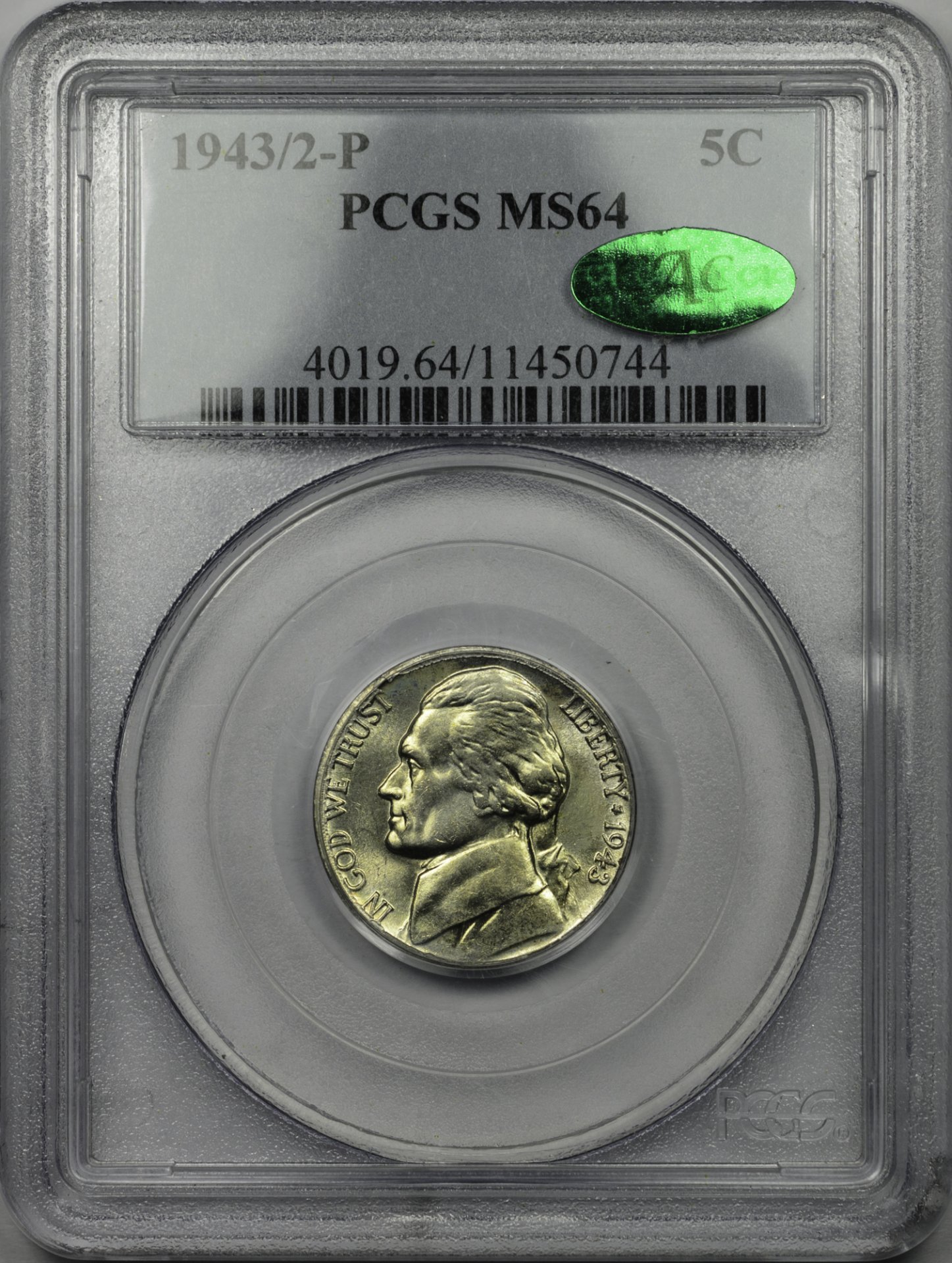 1943 P 5C FIVE-CENT PIECE - JEFFERSON 1943 OVER 2 PCGS MS64 11450744 CAC Obv Slab.JPG