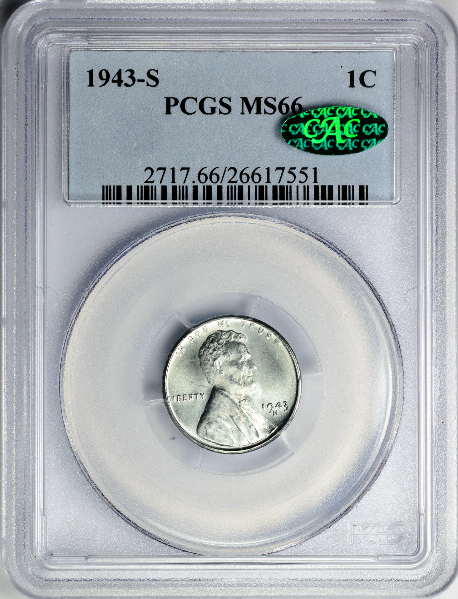 1943 S 1C CENT - LINCOLN, WHEAT REVERSE STEEL PCGS MS66 26617551 CAC Obv Slab.jpg