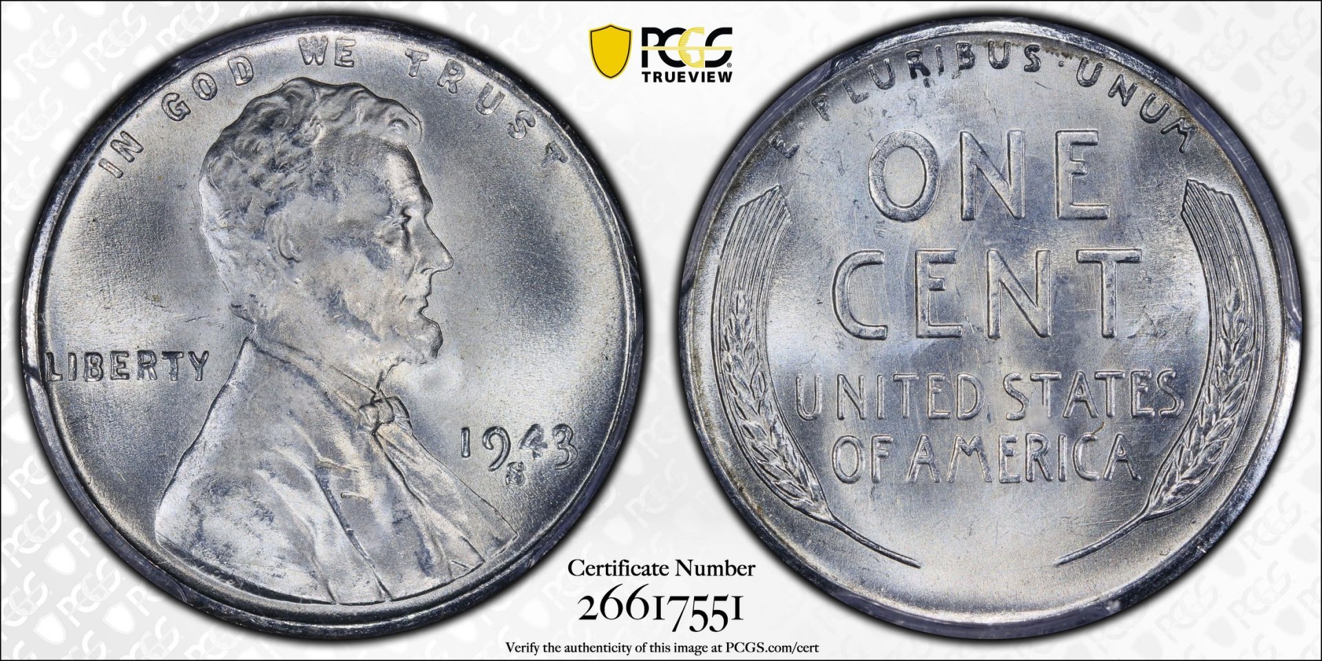 1943 S 1C Cent - Lincoln, Wheat Reverse Steel PCGS MS66 26617551 CAC TrueView Full.jpg