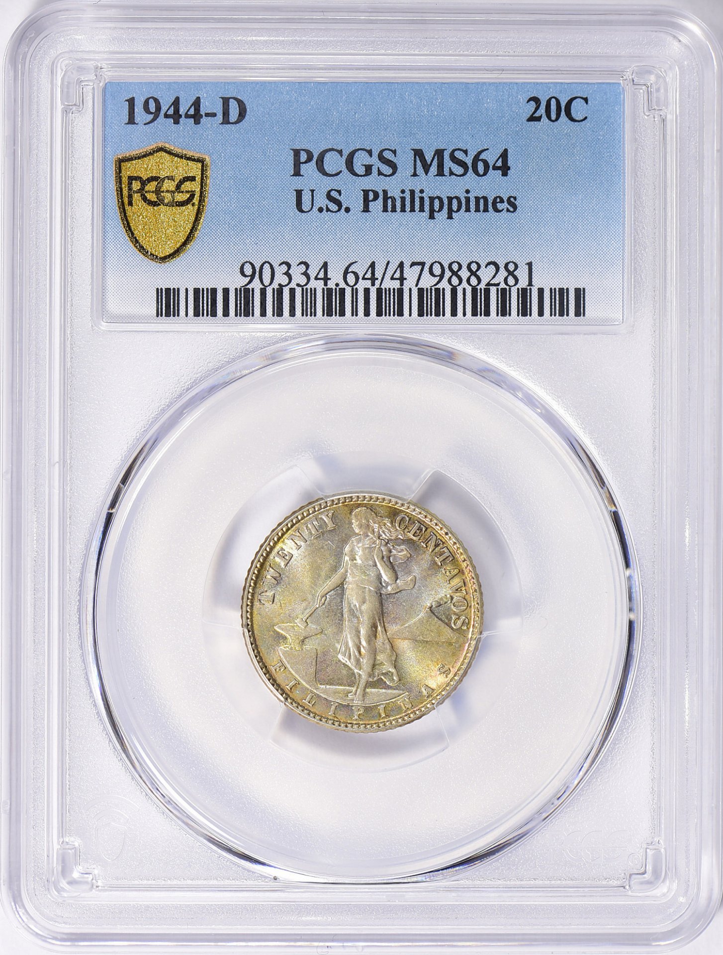 1944 D 20C TWENTY CENTAVOS PHILIPPINES UNDER U.S. SOVEREIGNTY PCGS MS64 47988281 Obv Slab Seller.jpg