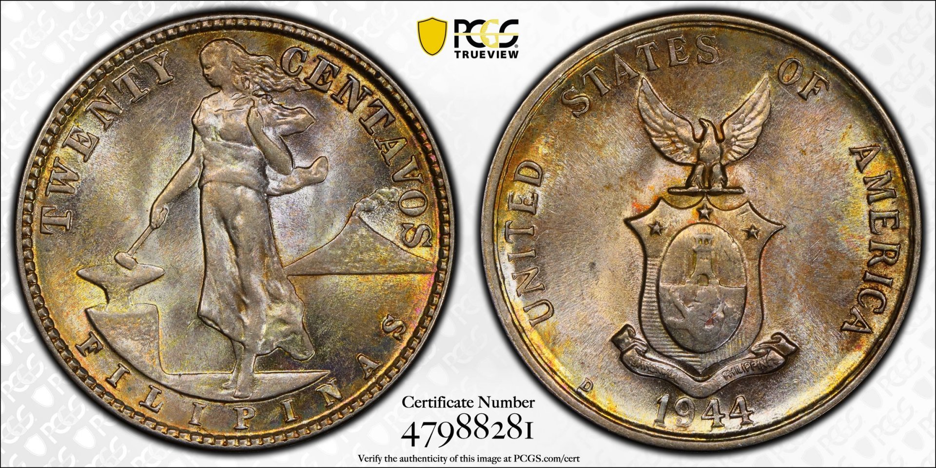 1944 D 20C TWENTY CENTAVOS PHILIPPINES UNDER U.S. SOVEREIGNTY PCGS MS64 47988281 TrueView.jpg