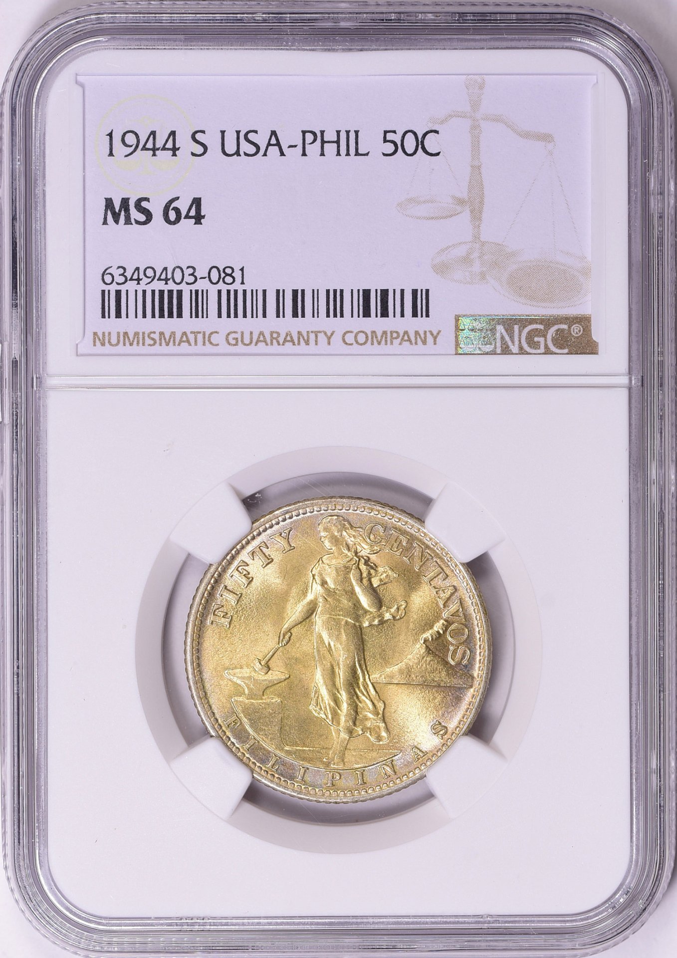 1944-S U.S. Philippines Fifty Centavos NGC MS-64 6349403-081 GC Obv Slab.jpg