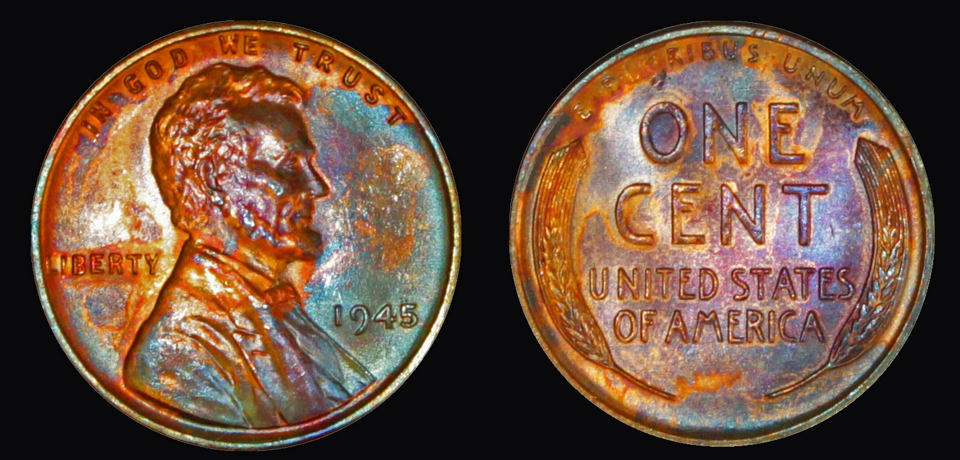 1945-P Bu Rainbow Toned Lincoln Cent  $9.99 + $2.99  264488059156  teeithig4 o.jpg