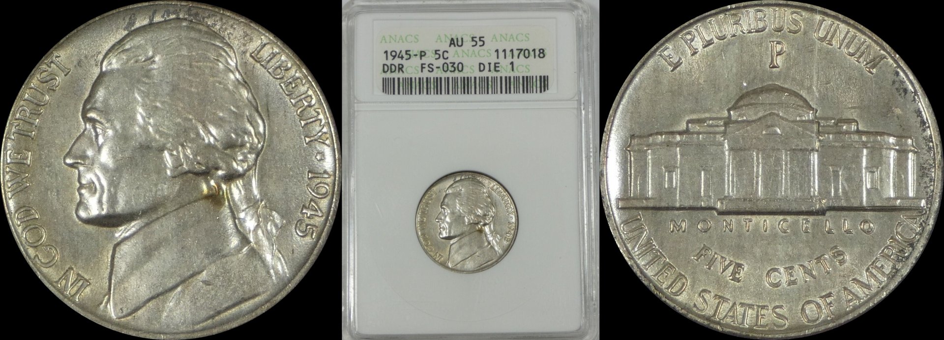 1945-P Jefferson Silver War Nickel ANACS AU 55 DDR FS-030 DIE 11st Gen Holder B-horz.jpg