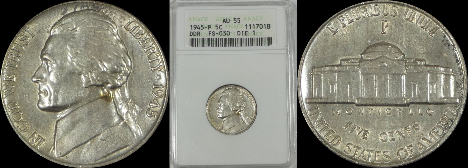 1945-P Jefferson Silver War Nickel ANACS AU 55 DDR FS-030 DIE 11st Gen Holder B-horz.jpg