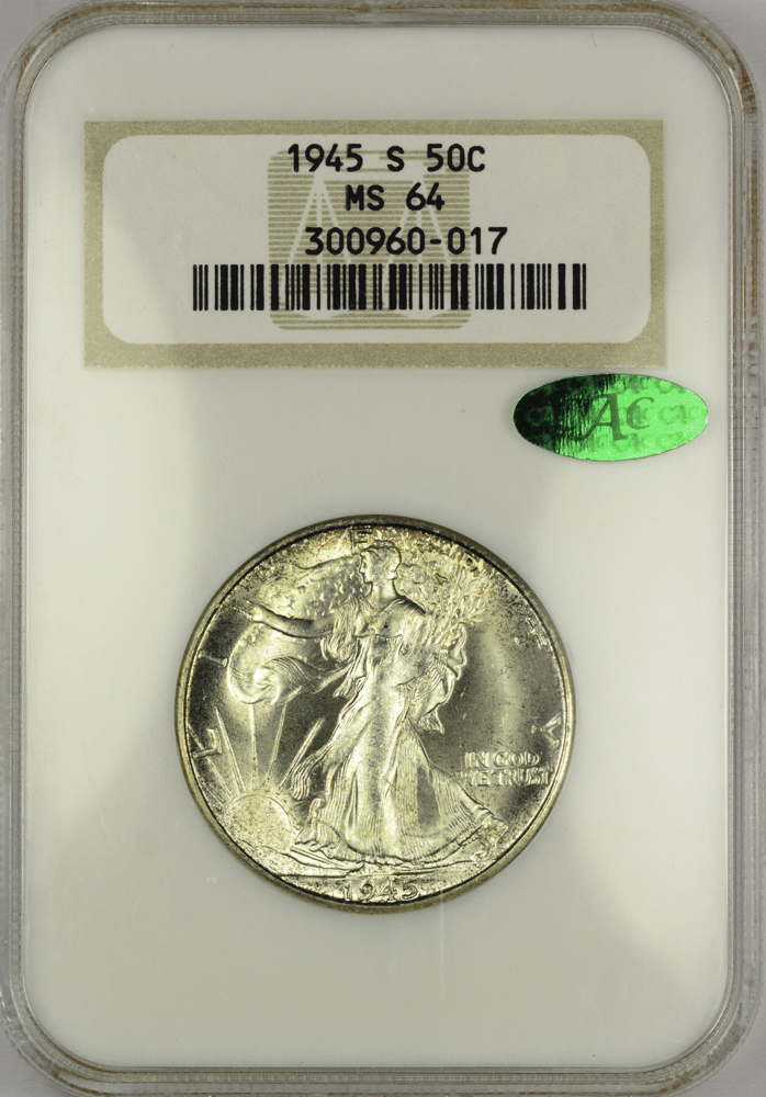 1945 S HALF DOLLAR - WALKING LIBERTY NGC MS 64, CAC green! 50C Obv Slab.jpg