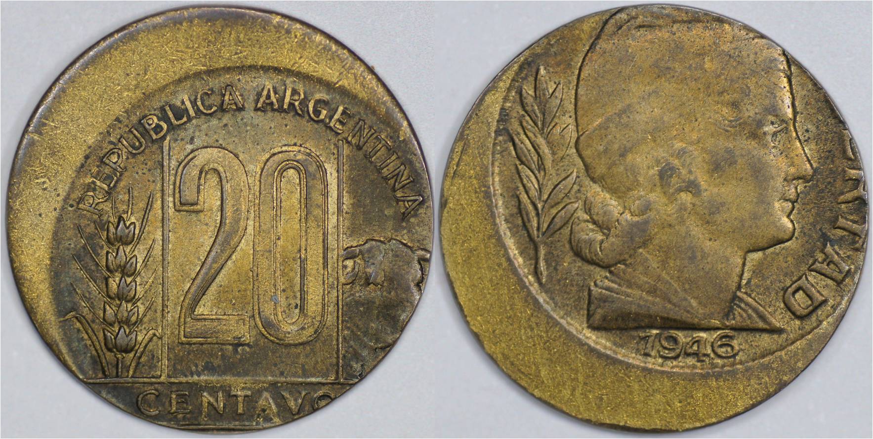 1946 Argentina 20 centavos off-center.jpg