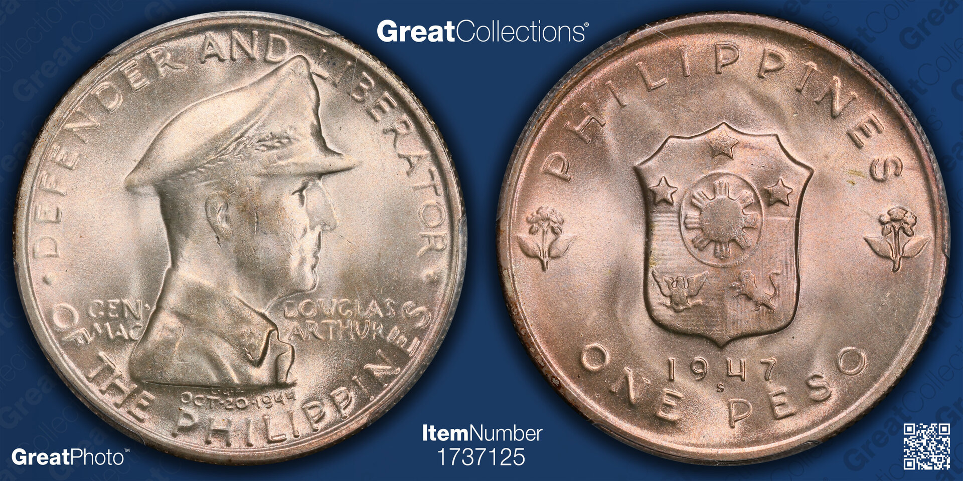 1947 S 1P ONE PESO - WORLD COIN - PHILIPPINES DOUGLAS MACARTHUR PCGS MS65 50553666 GC GreatPhoto.jpg
