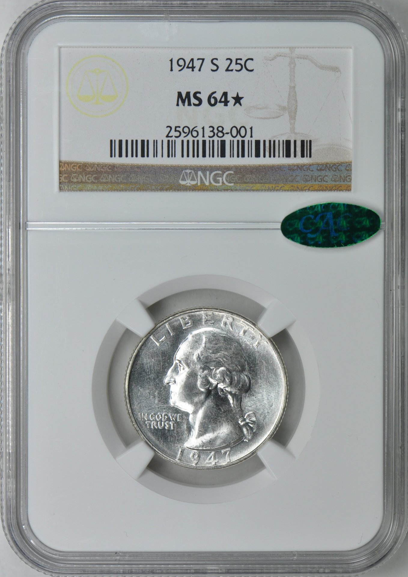 1947 S 25C NGC MS64 STAR CAC 2596138-001 Obv Slab GC.jpg
