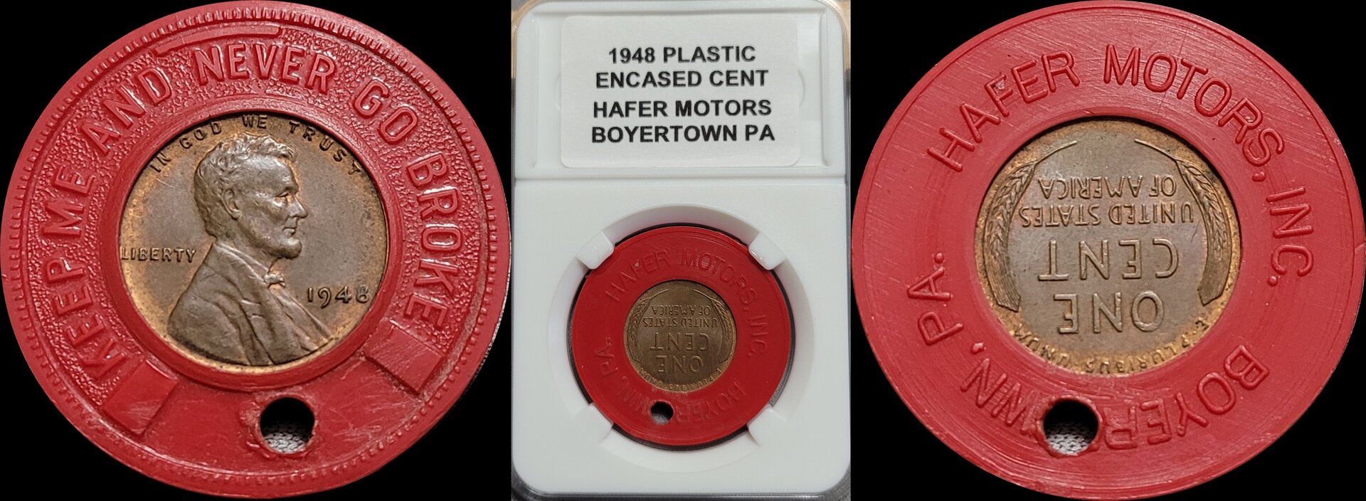 1948 PLASTIC ENCASED COIN PENNY BOYERTOWN PA HAFER MOTORS INC 1-horz.jpg
