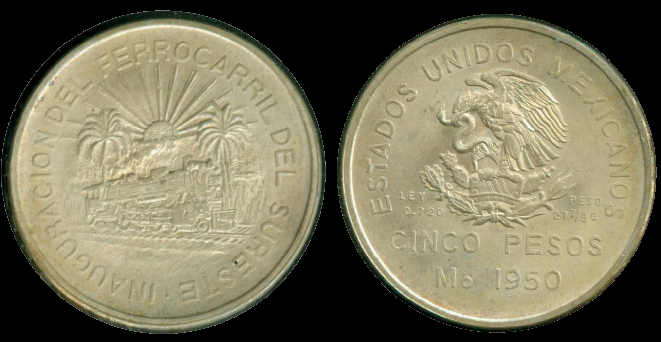 1950 Ferrocarril del Sureste Commorative Cinco Pesos.jpg