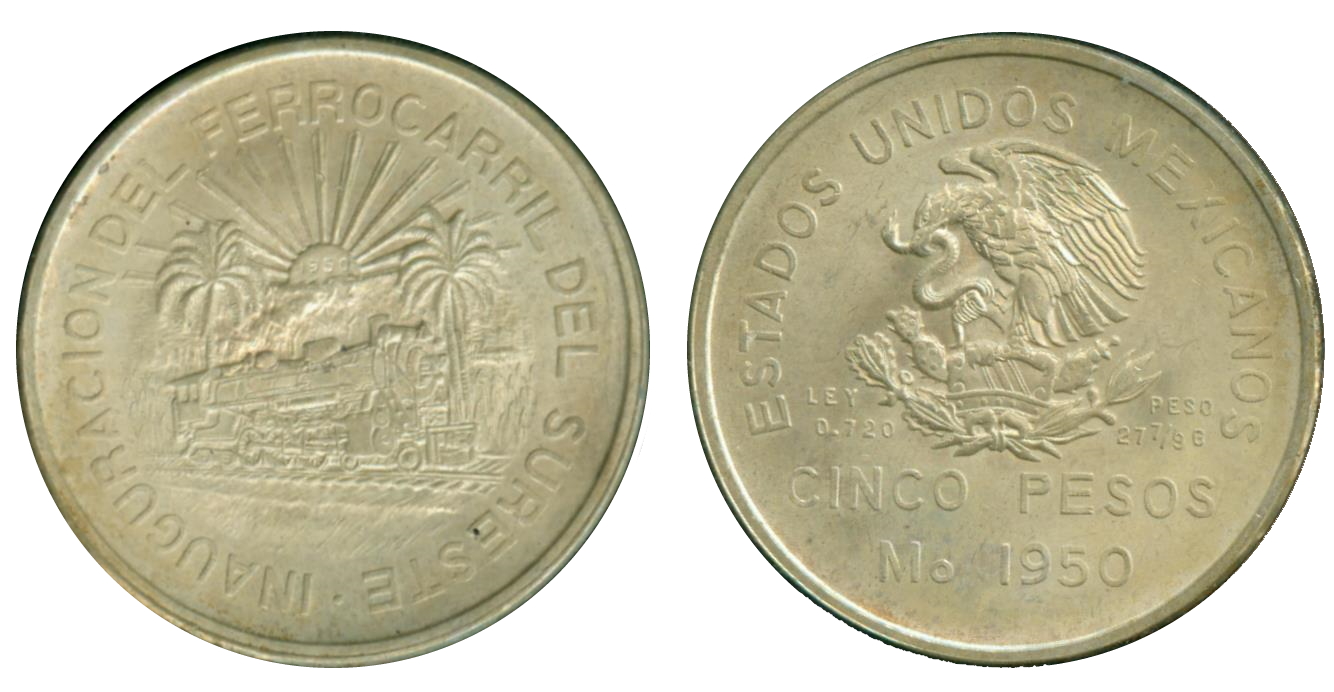1950 Ferrocarril del Sureste Commorative Cinco Pesos.jpg