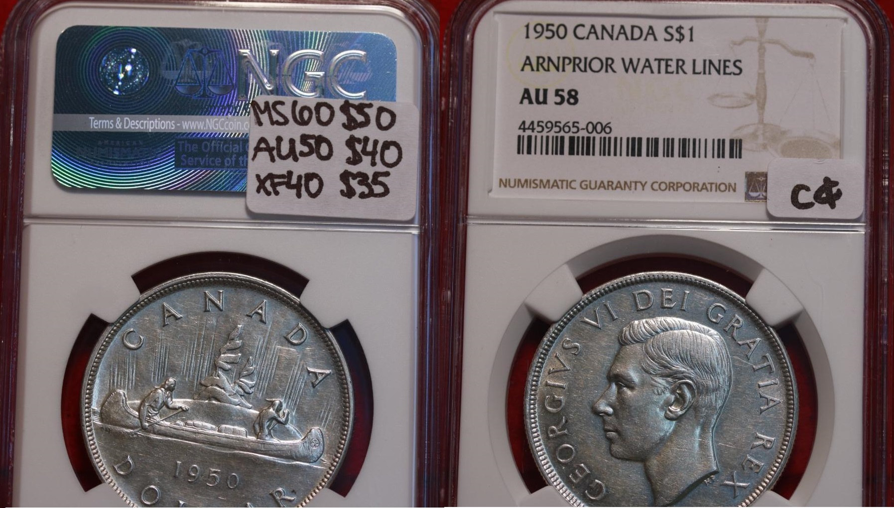 1950 Silver Canada $1 Coin Armprior Water Lines NGC Au-58  362386809710  vette1986 r.jpg