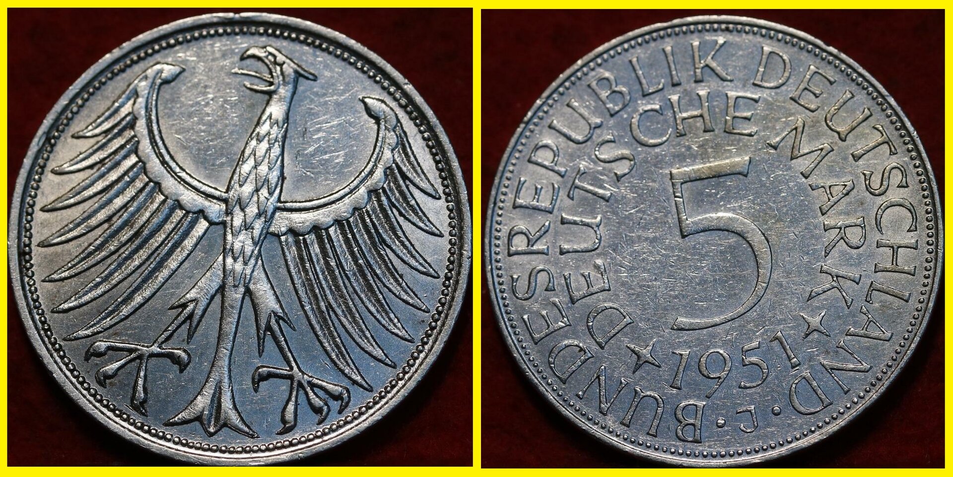 1951-J Germany 5 Mark Silver Coin  $8.01 + $2.  vette1986  352579956586 .jpg