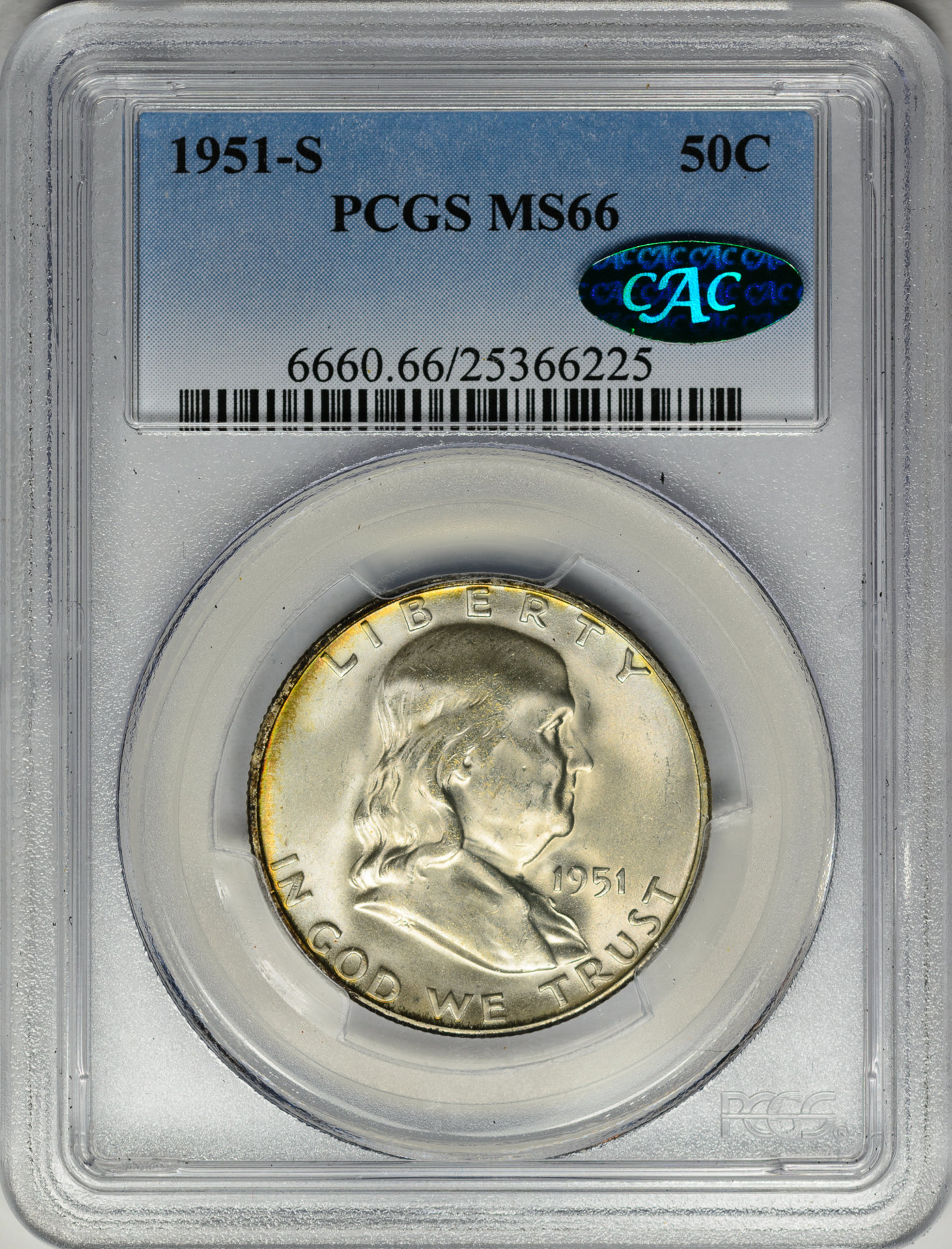 1951 S 50C HALF DOLLAR - FRANKLIN PCGS MS66 25366225 CAC Obv Slab v3.jpg