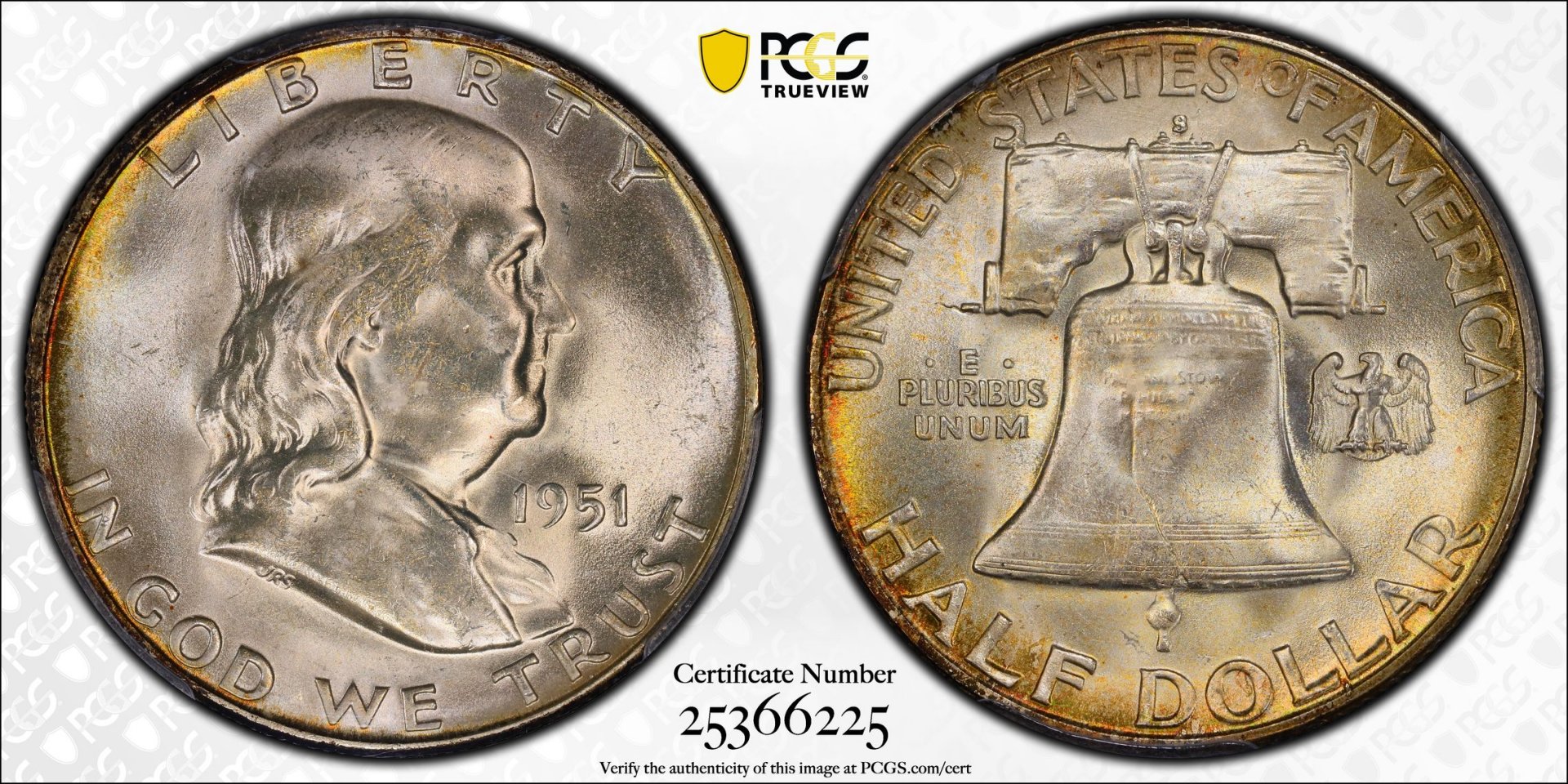 1951 S 50C Half Dollar - Franklin PCGS MS66 25366225 CAC TrueView Full.jpg