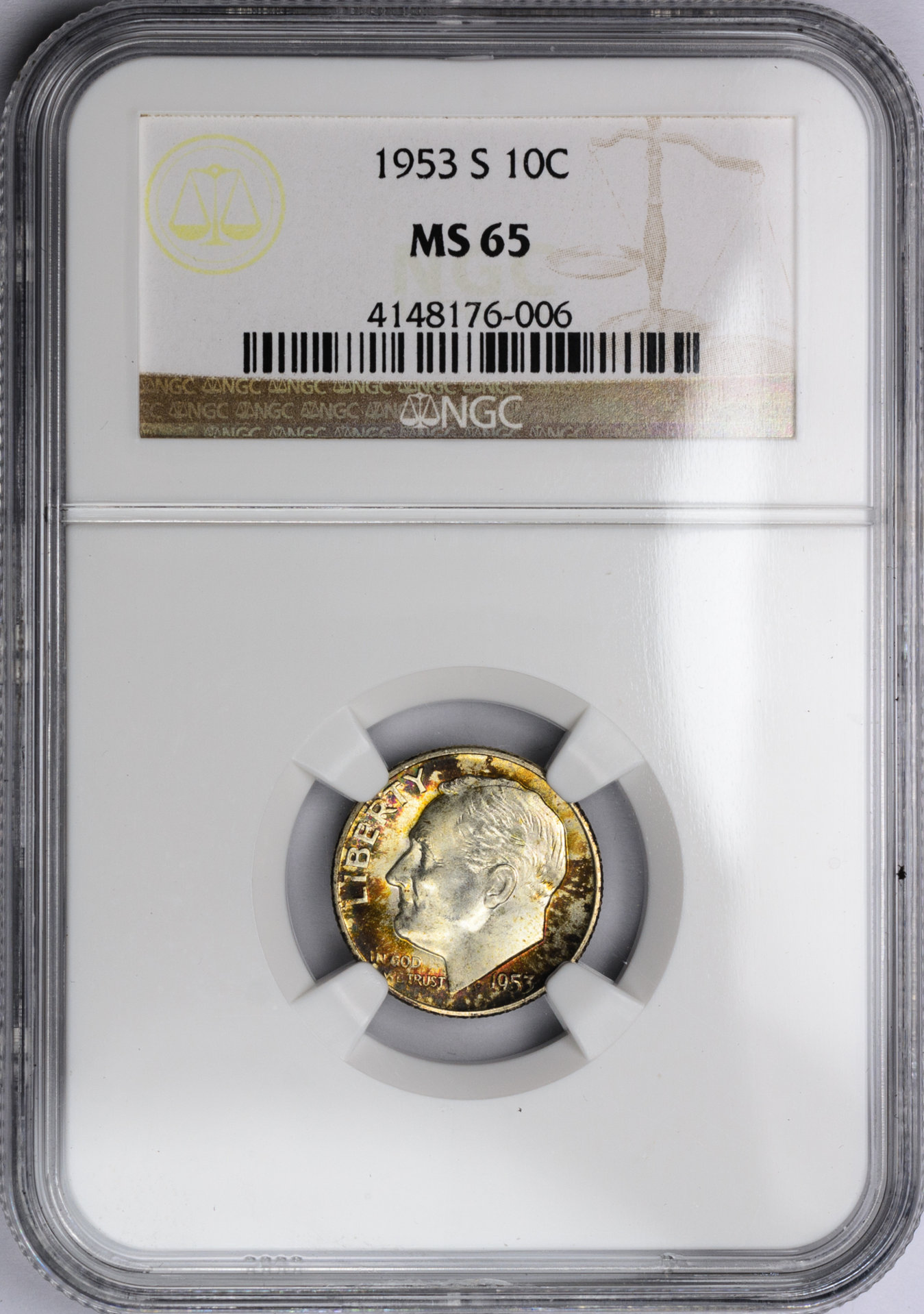 1953 S 10C DIME - ROOSEVELT, SILVER NGC MS65 4148176-006 Obv Slab.jpg