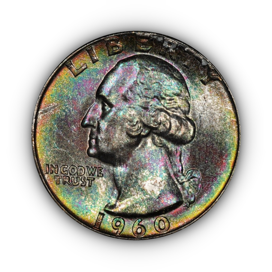 1960 Rainbow Toned Washington Quarter Obv Rsz.png