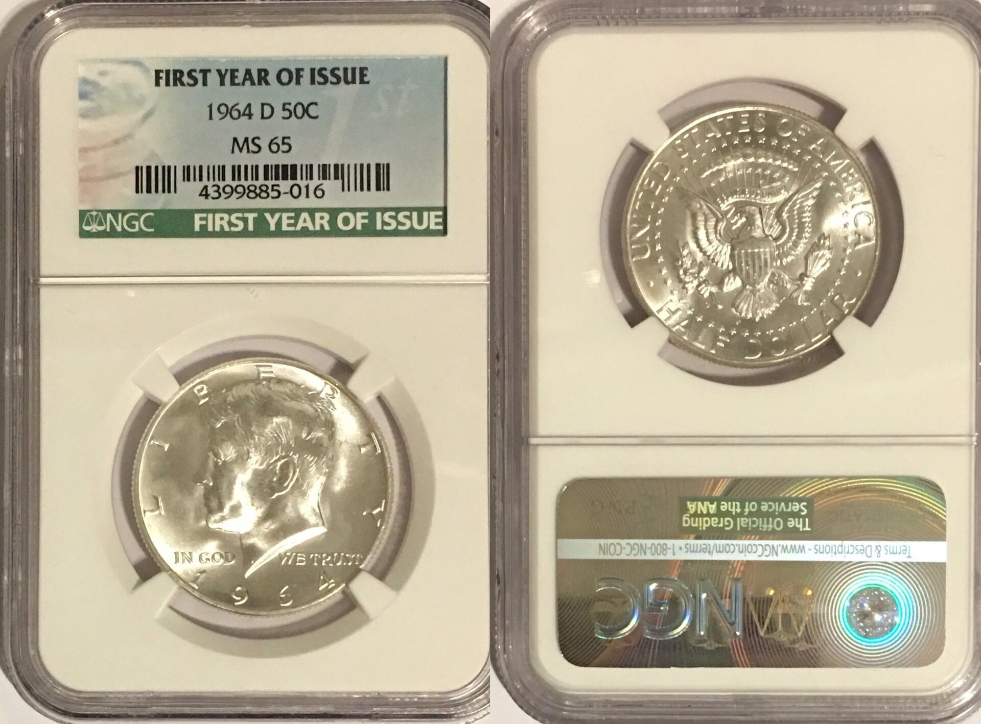 1964 D NGC Ms65 Sillver Kennedy Half $ . 1st Year Issue Label 90% JFK Coin.jpg