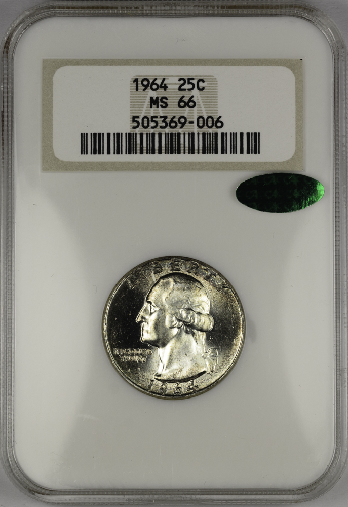 1964 QUARTER DOLLAR - WASHINGTON, SILVER NGC MS 66, CAC green! 25C Obv Slab.jpg
