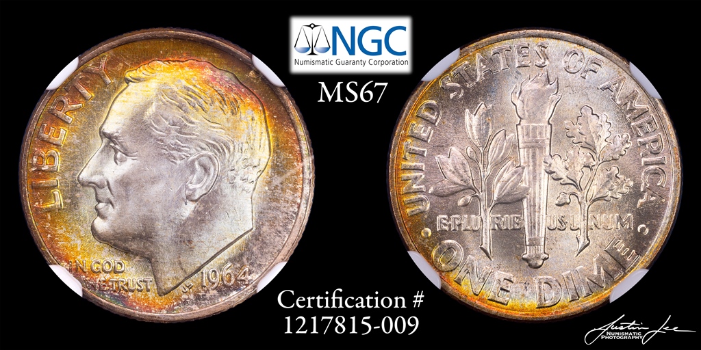 1964 Roosevelt Dime NGC MS 67 Small Black.jpg
