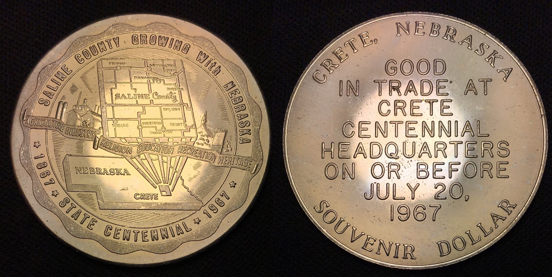 1967 CE Souvenir Dollar Nebraska Centennial, Saline County, Crete NE S1 Combined.jpg