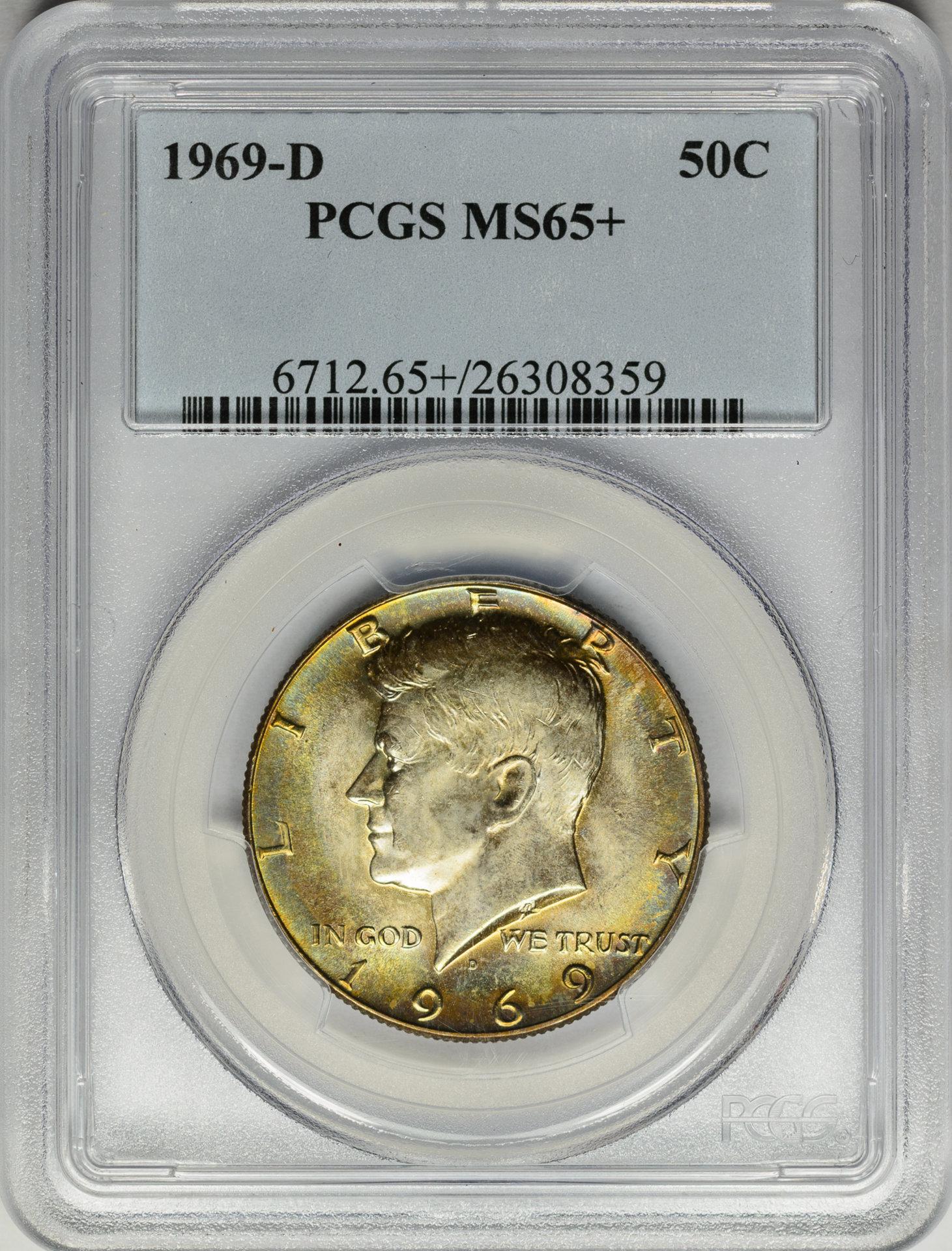 1969 D 50C HALF DOLLAR - KENNEDY, 40% SILVER PCGS MS65+ 26308359 Obv Slab v2.jpg