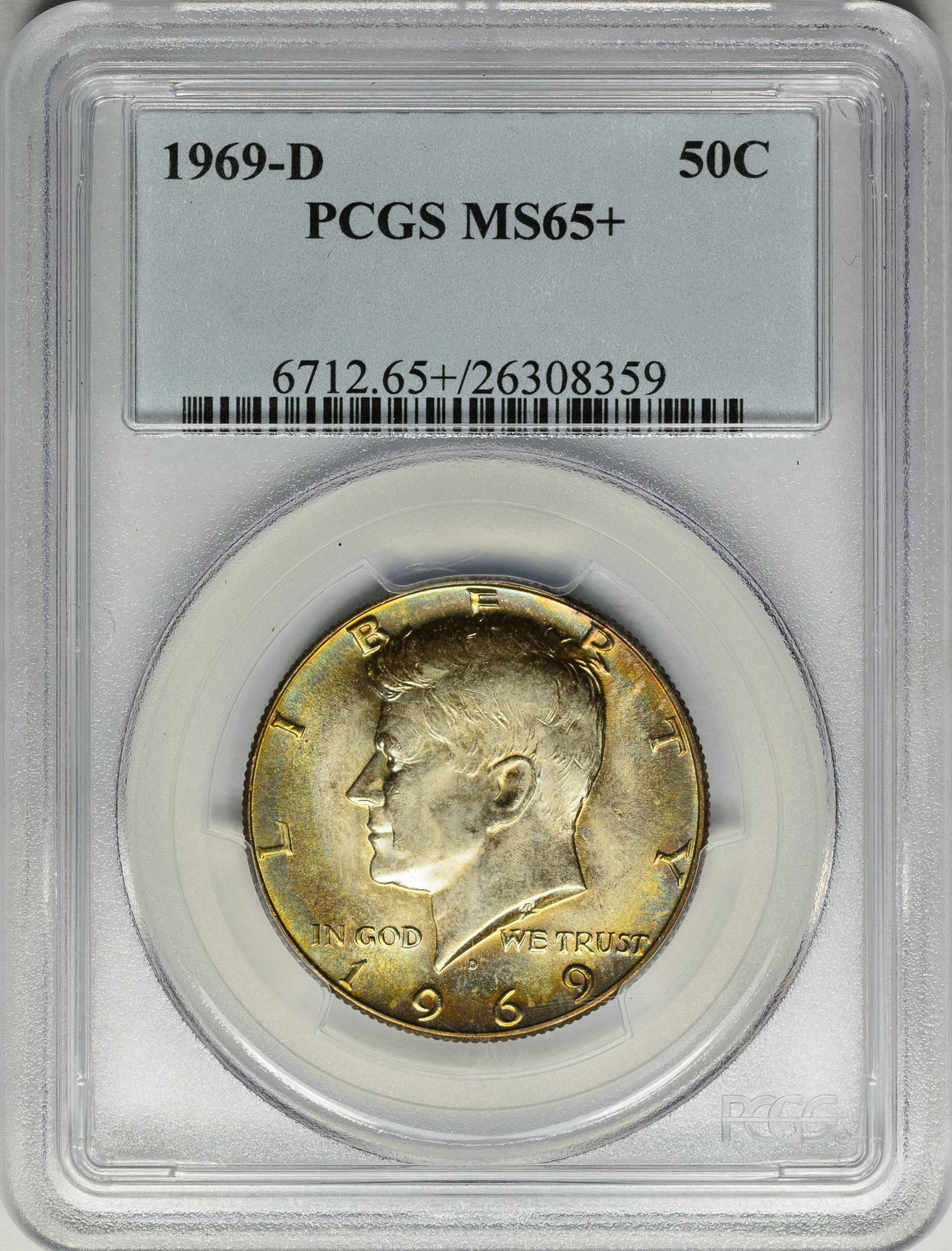 1969 D 50C HALF DOLLAR - KENNEDY, SILVER CLAD PCGS MS65 plus 26308359 Obv Slab.jpg