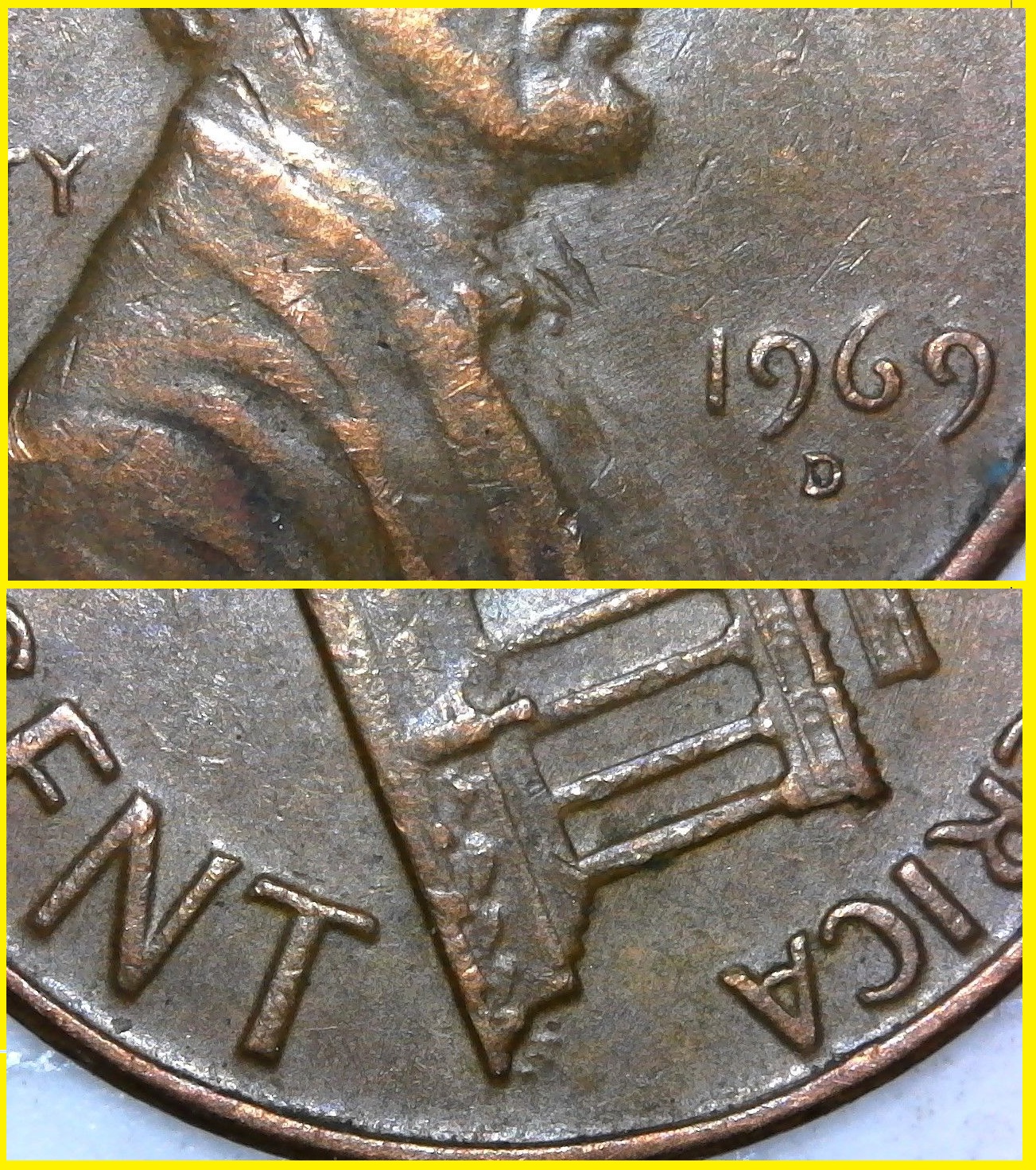 1969 D Lincoln Memorial Cent Error Abraded Die  $5.00 + $1.50  273830502290  treasureisland69 d.jpg