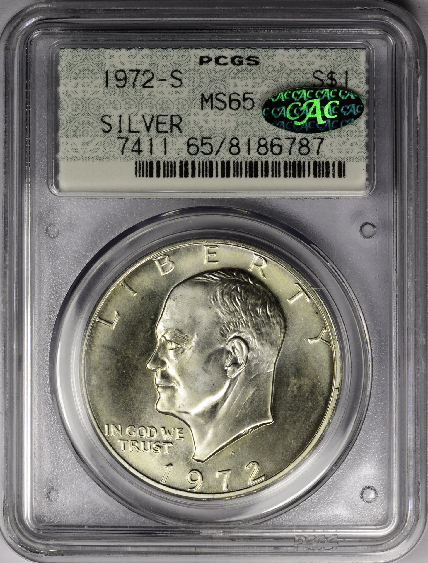 1972 S $1 DOLLAR - EISENHOWER SILVER PCGS MS65 8186787 CAC Obv Slab.jpg