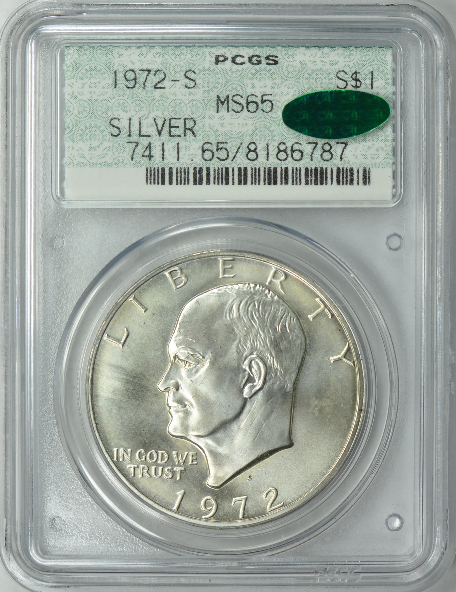 1972 S $1 SILVER Obv Slab PCGS MS65 CAC Doily.jpg
