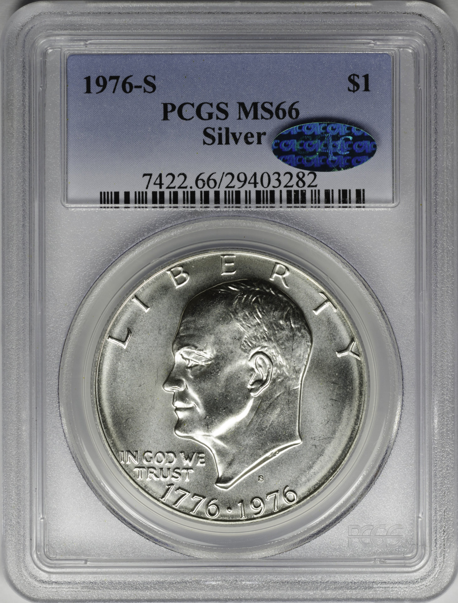1976 S 1 MS66 PCGS SILVER 29403282 CAC Obv Slab.JPG