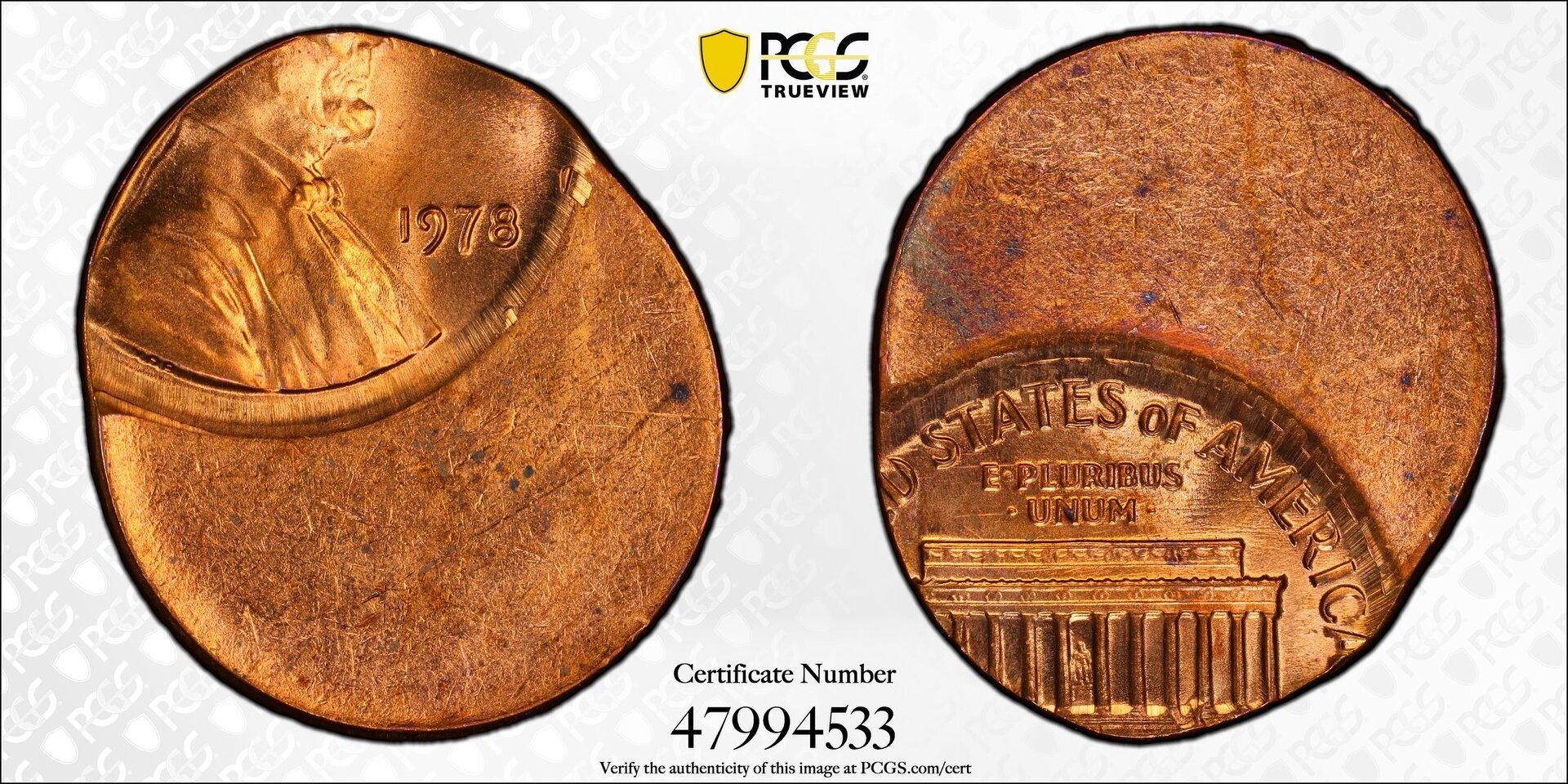 1978 1C CENT - LINCOLN, TYPE 3, MEMORIAL, COPPER Mint Error PCGS MS64RED 47994533 TrueView.jpg