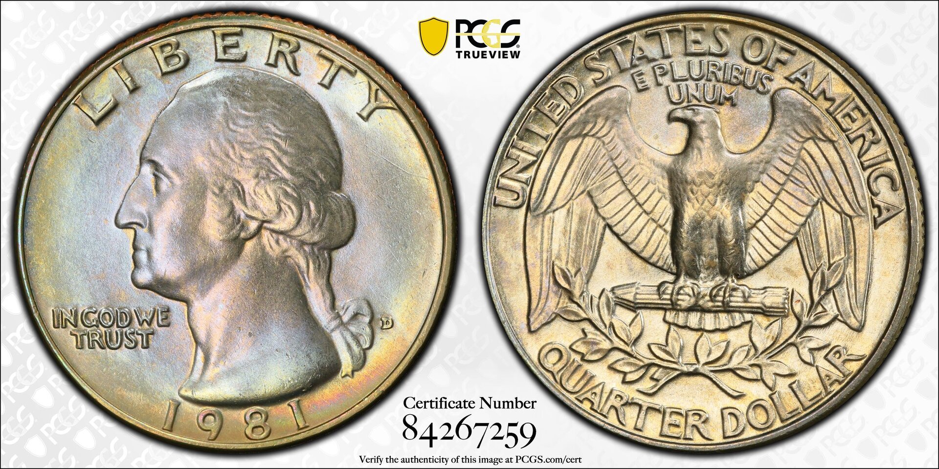 1981 D 25C QUARTER DOLLAR - WASHINGTON, TYPE 2, CLAD PCGS MS67 84267259 TrueView.jpg