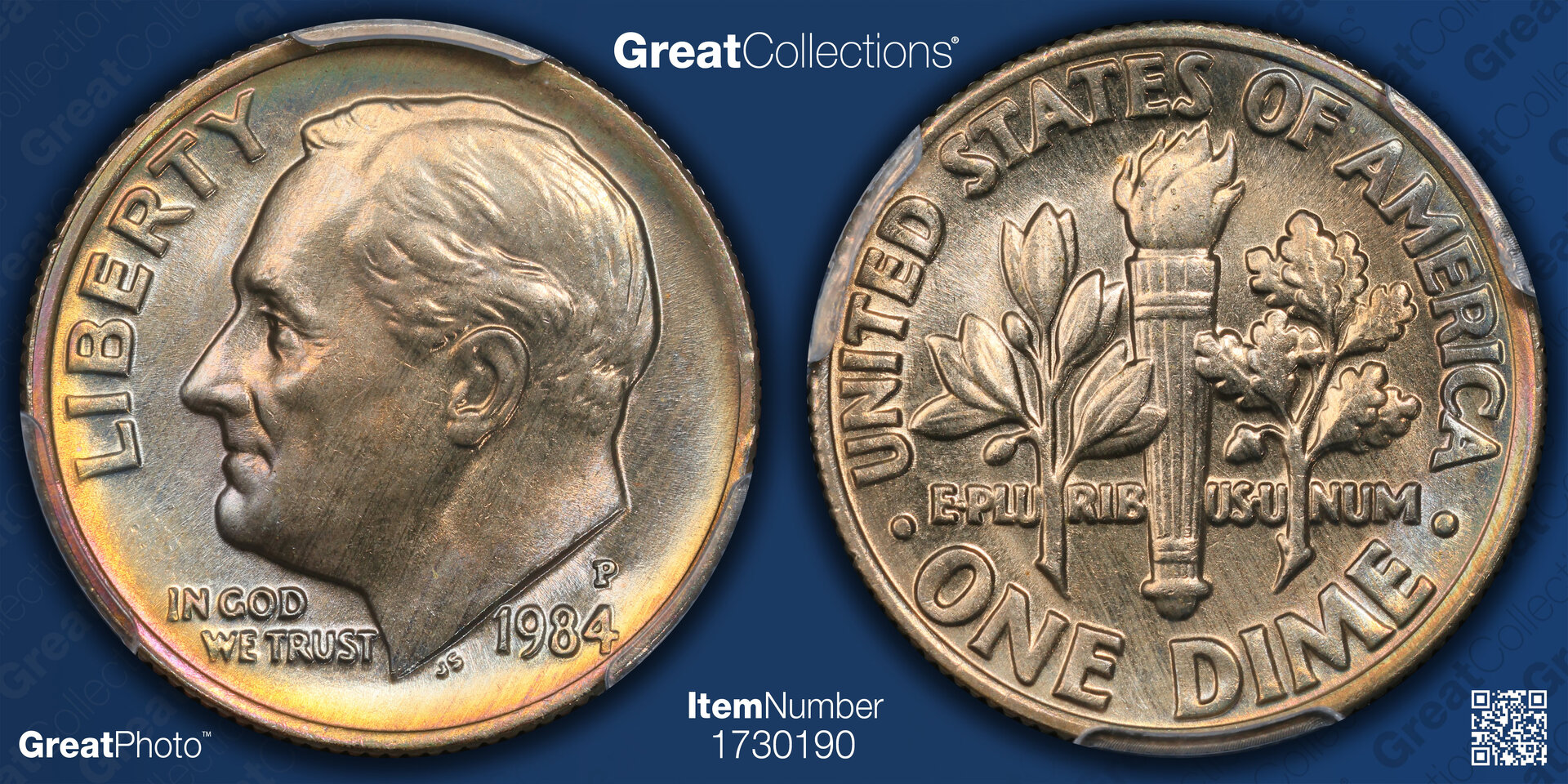 1984 P 10C DIME - ROOSEVELT, TYPE 2, CLAD PCGS MS67 50787231 GC GreatPhoto.jpg