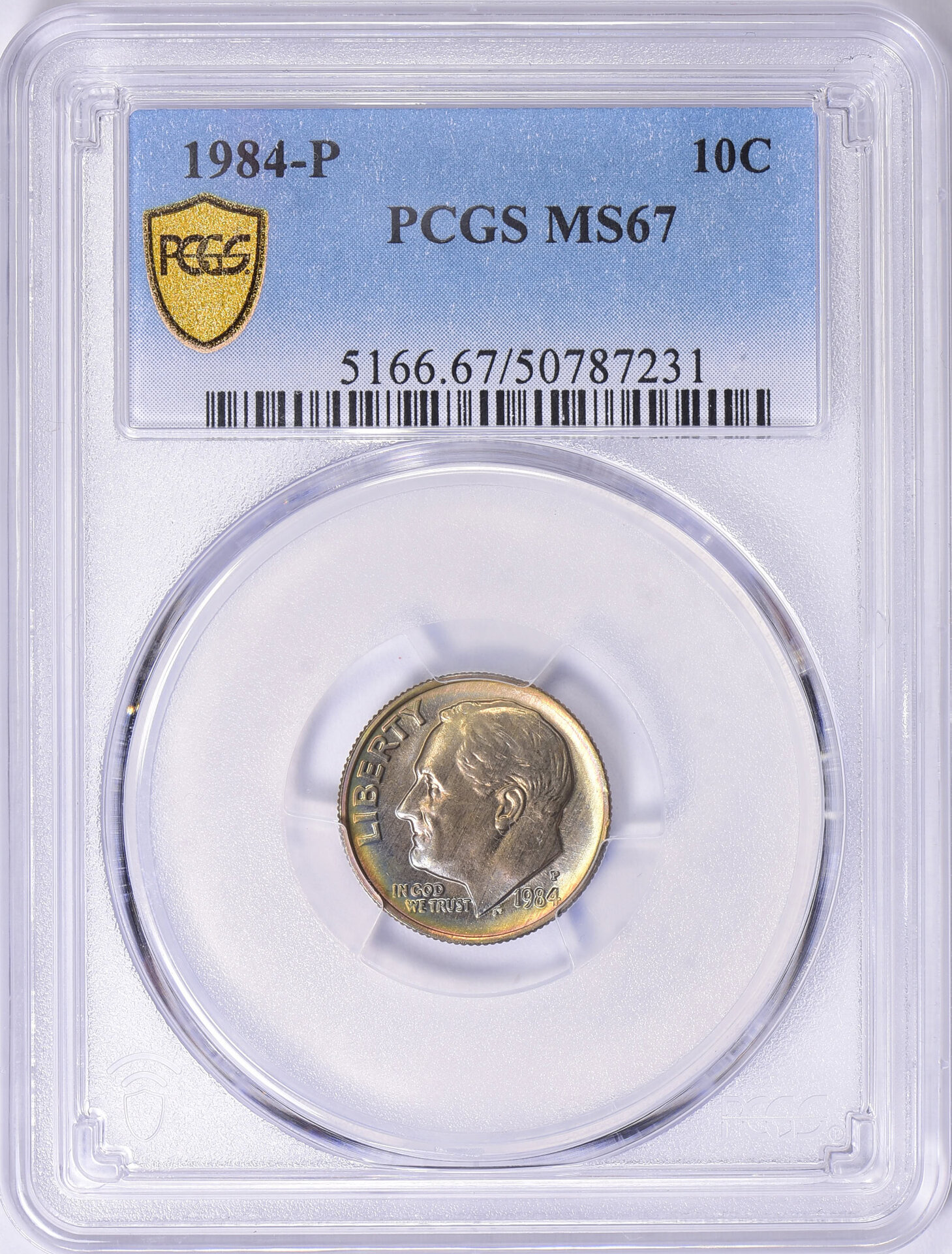 1984 P 10C DIME - ROOSEVELT, TYPE 2, CLAD PCGS MS67 50787231 Obv Slab.jpg