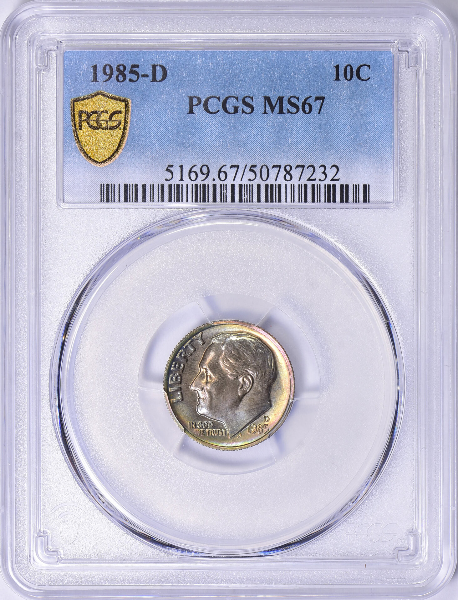 1985 D 10C DIME - ROOSEVELT, TYPE 2, CLAD PCGS MS67 50787232 Obv Slab.jpg
